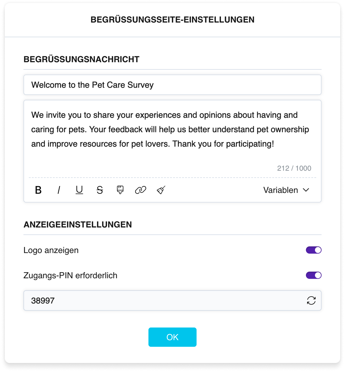 Die Einstellungen der Willkommensseite: Titel- und Textfelder mit einer Formatierungsleiste sowie Schalter für das Logo und den PIN-Code
