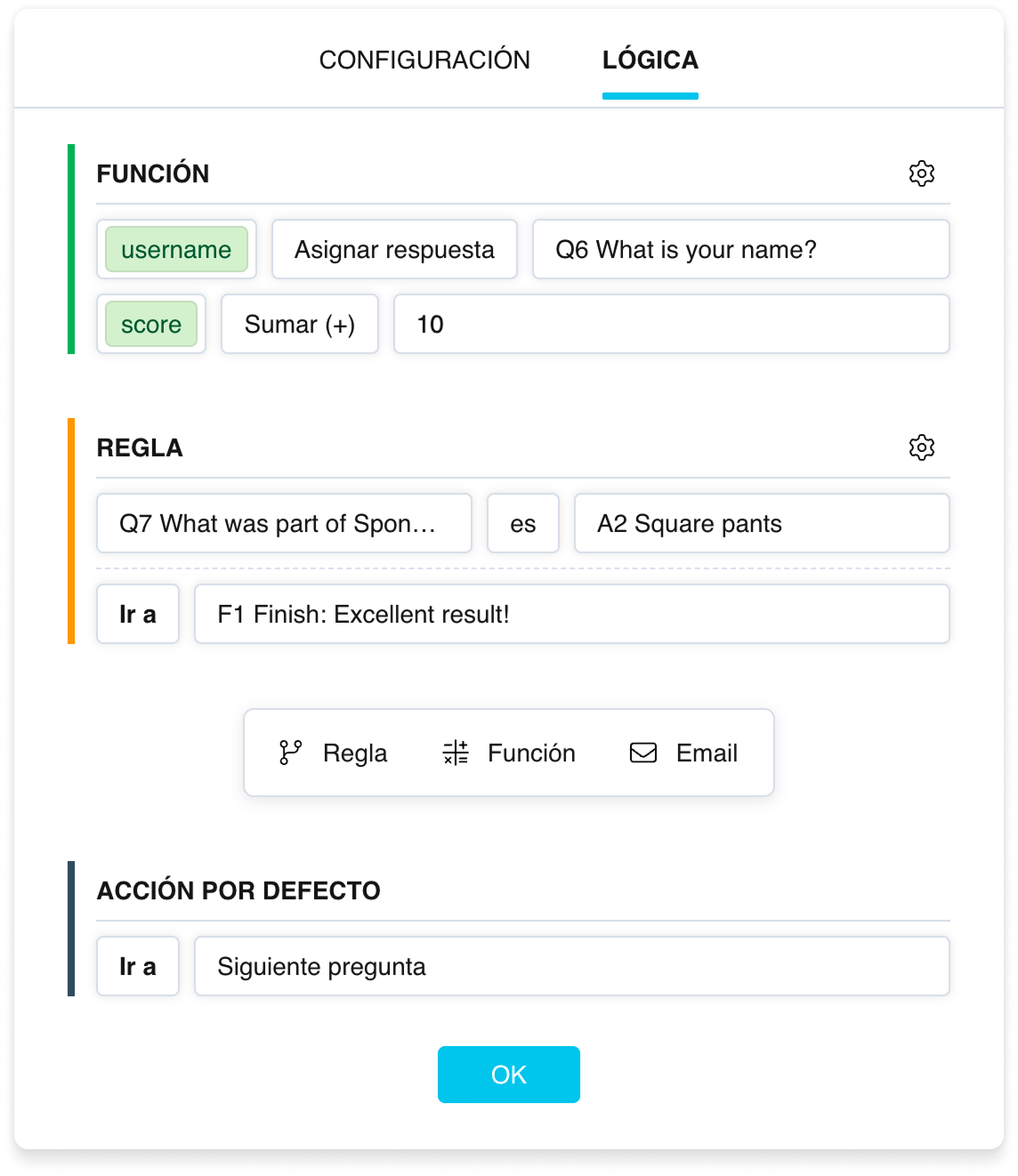 La pestaña Lógica en la configuración de una pregunta: bloques «Regla», «Función» y Acción por defecto