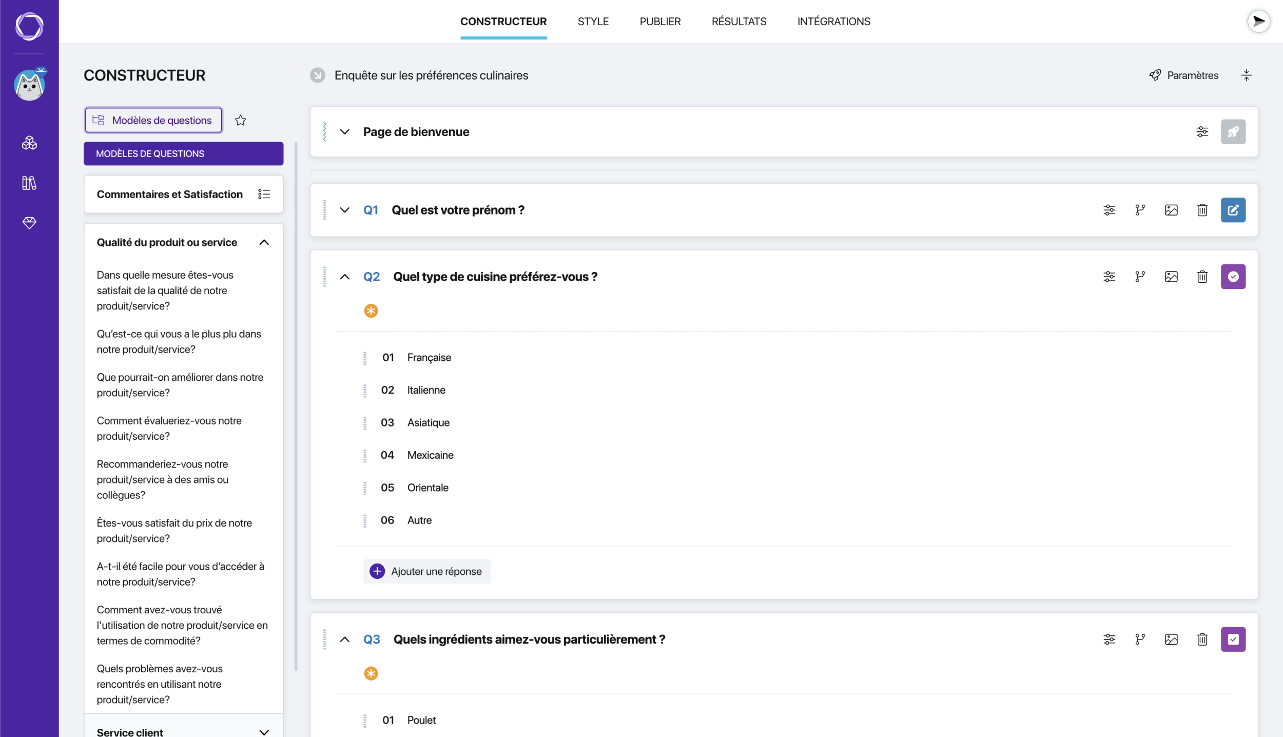 Interface du constructeur de sondages Pollsar avec différents types de questions