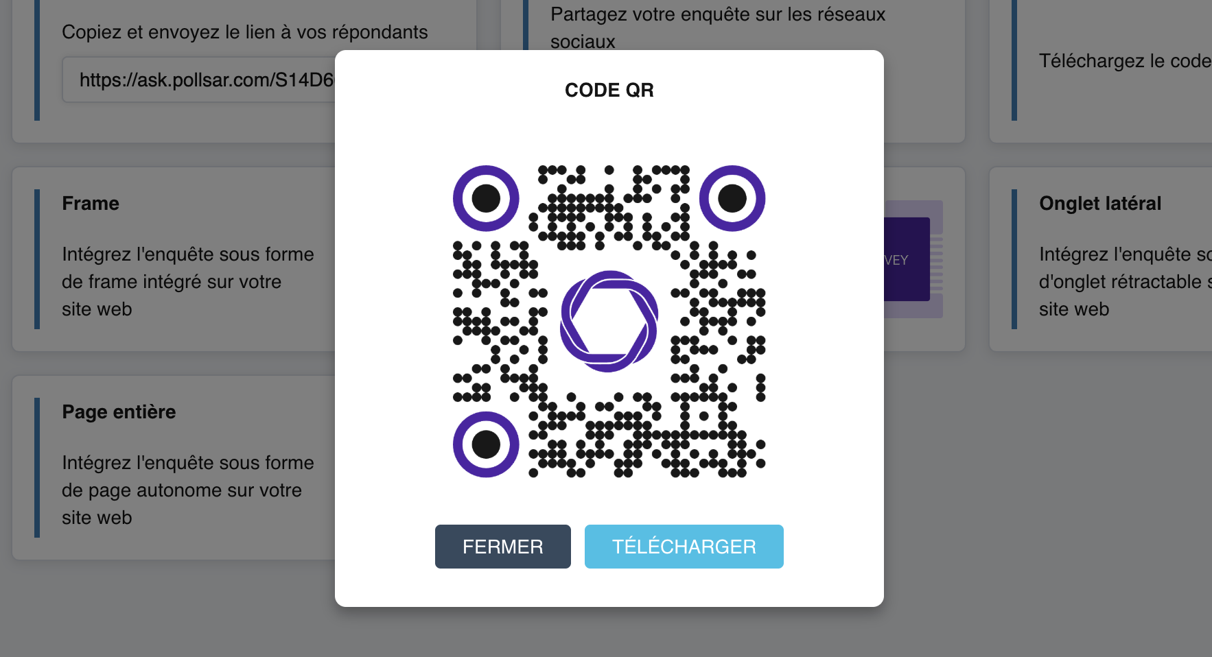 La fenêtre du code QR : un grand code QR de marque avec un bouton de téléchargement
