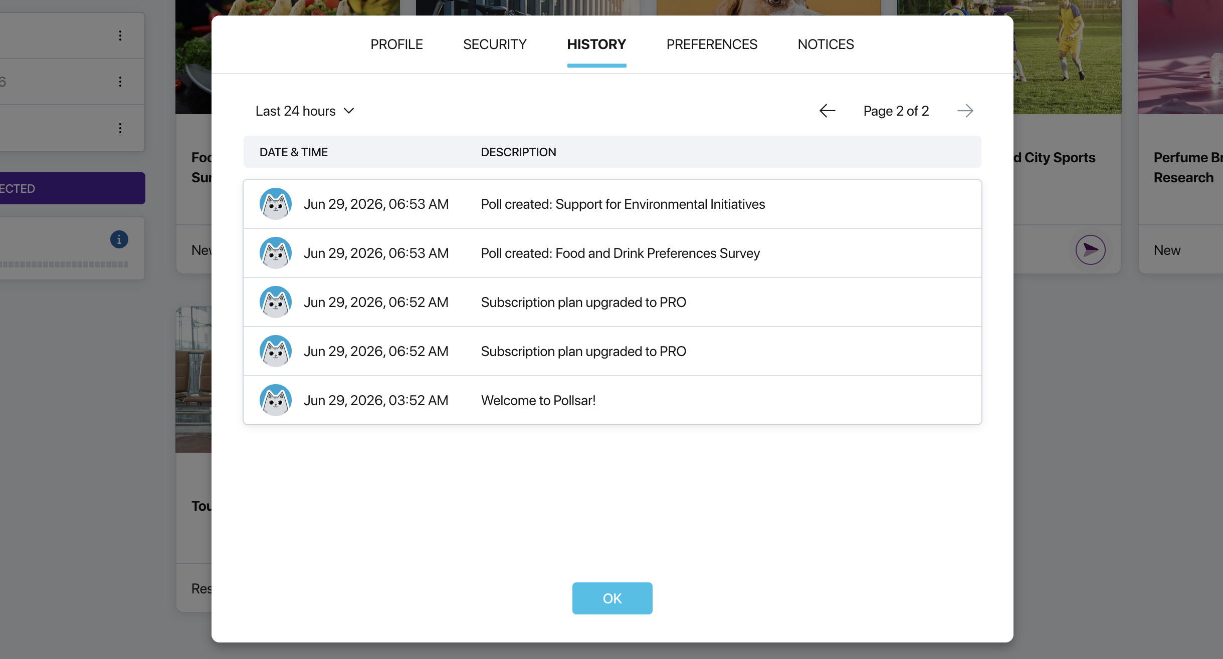 History tab in Pollsar profile settings — event table with period and member filters