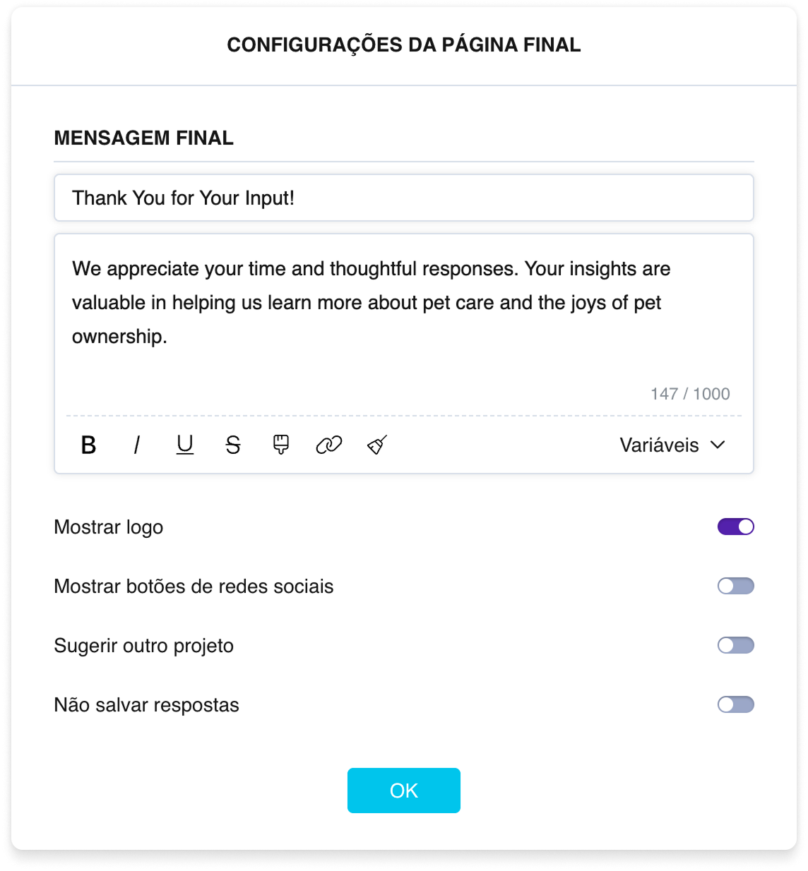 As configurações da página final: campos de título e texto e alternadores para o logotipo, as redes sociais, um link para outra pesquisa e a opção «Não registrar respostas»