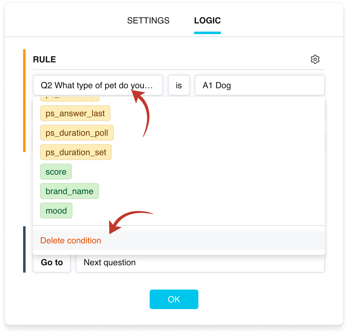 Deleting a single condition inside a “Rule” block: a dropdown with the 'Delete condition' item
