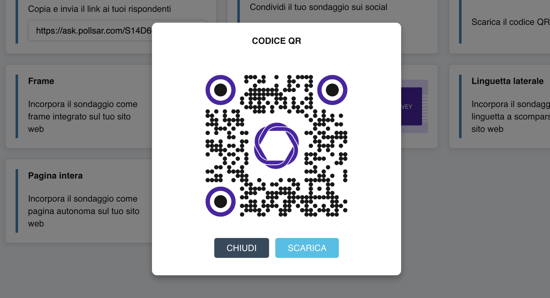 La finestra del codice QR: un grande codice QR con marchio e un pulsante di download
