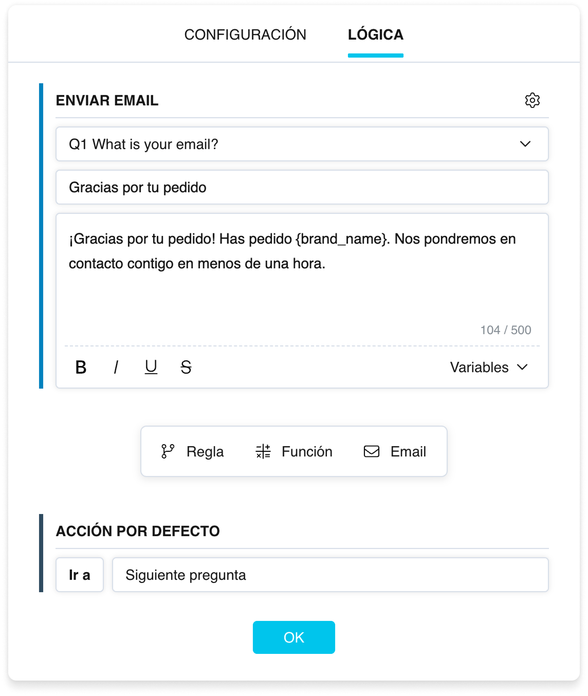 El bloque «Email»: campos de destinatario, asunto y cuerpo, con una línea azul a la izquierda