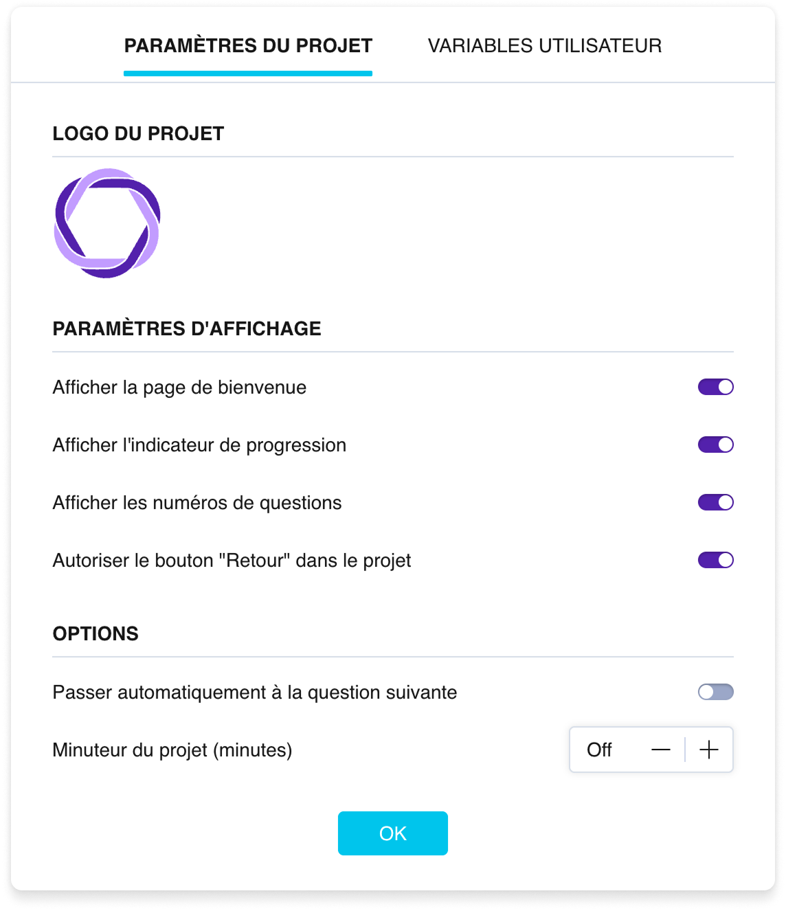 La fenêtre des paramètres du sondage, l'onglet Paramètres du sondage, avec des interrupteurs pour les options d'affichage