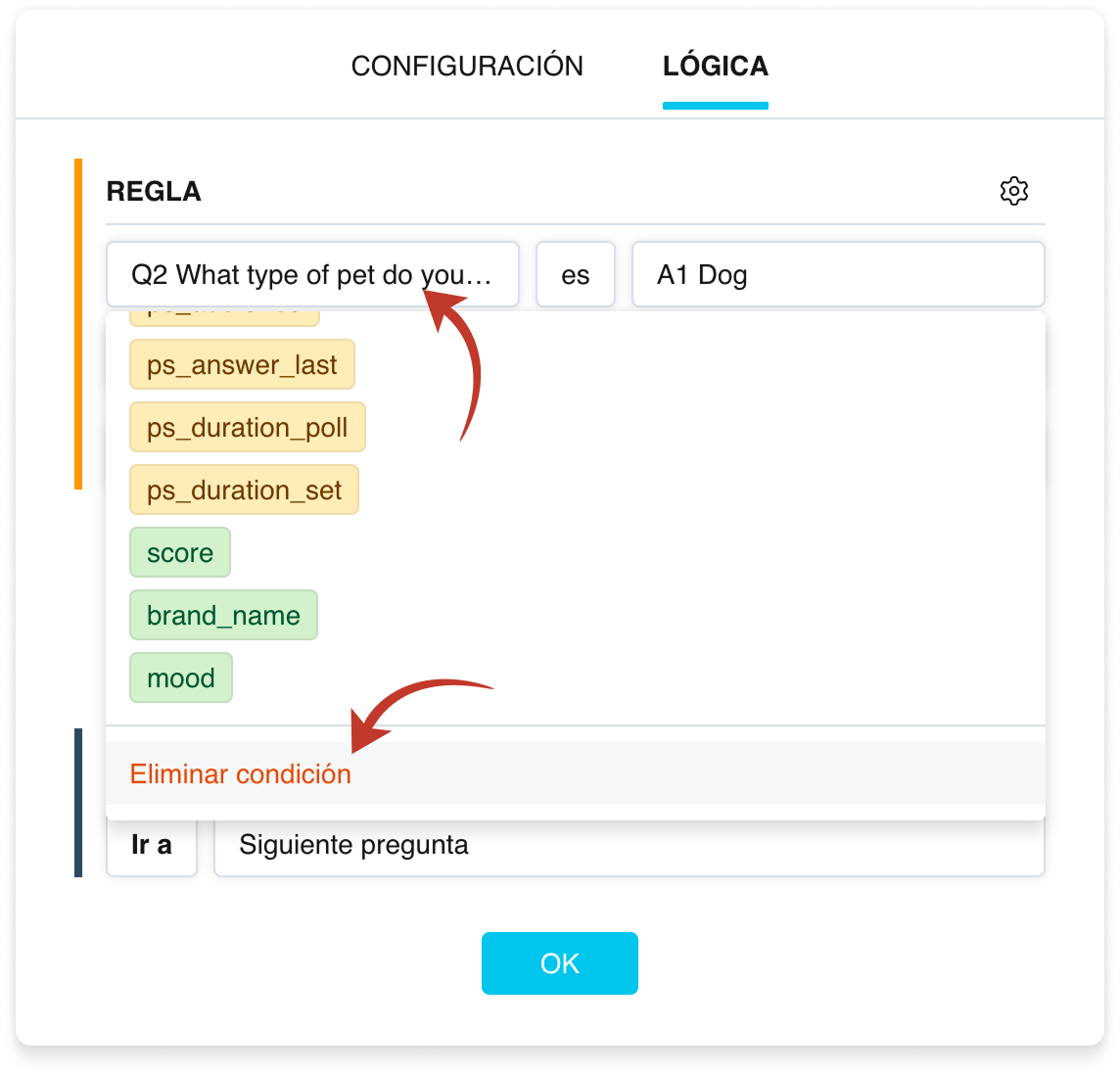 Eliminar una condición individual dentro de un bloque «Regla»: un menú desplegable con la opción «Eliminar condición»