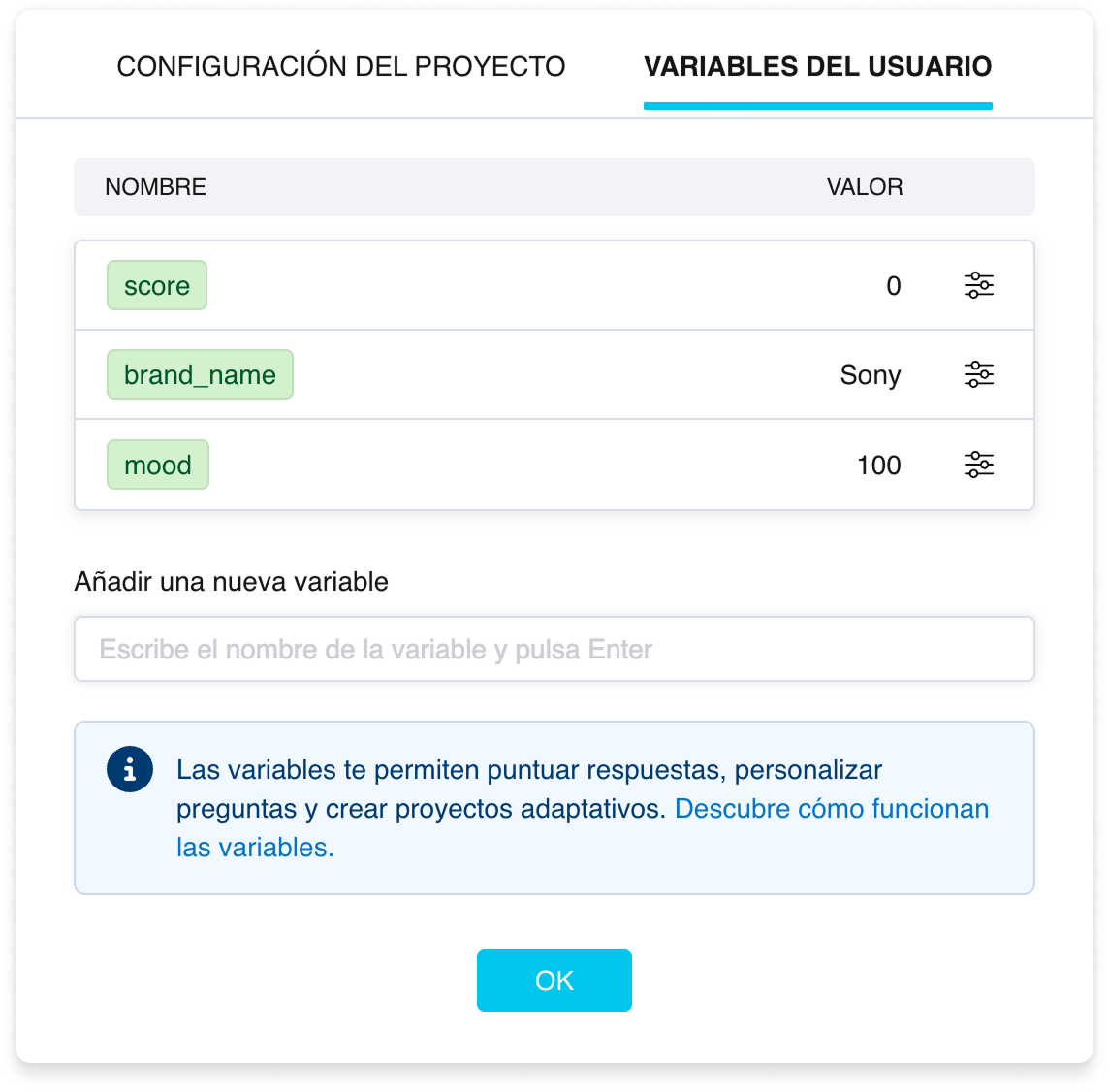 La pestaña Variables de usuario en la configuración de la encuesta: una lista de variables con insignias verdes y sus valores