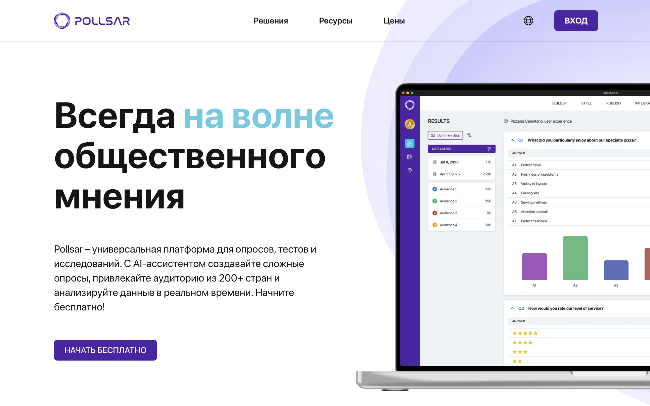 Главная страница платформы Pollsar с кнопкой регистрации