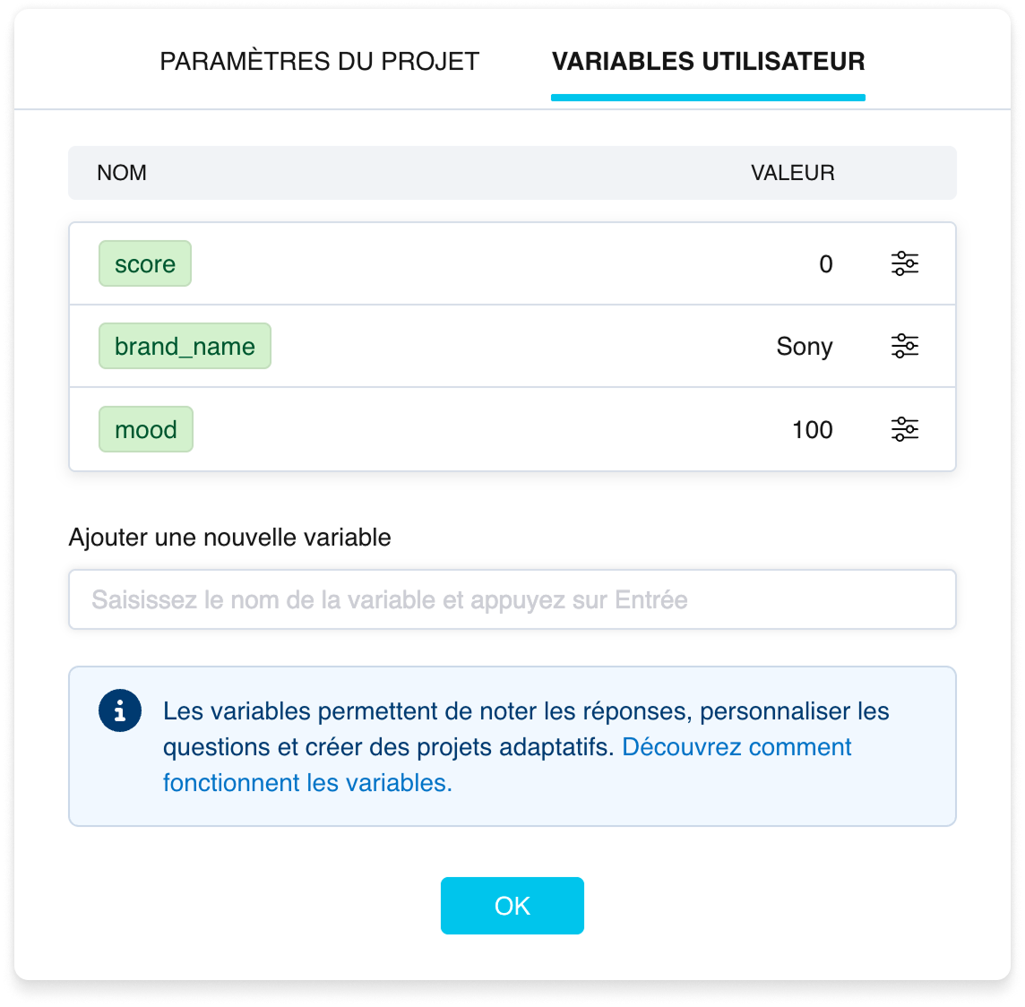L'onglet Variables utilisateur dans les paramètres du sondage : une liste de variables avec des badges verts et leurs valeurs