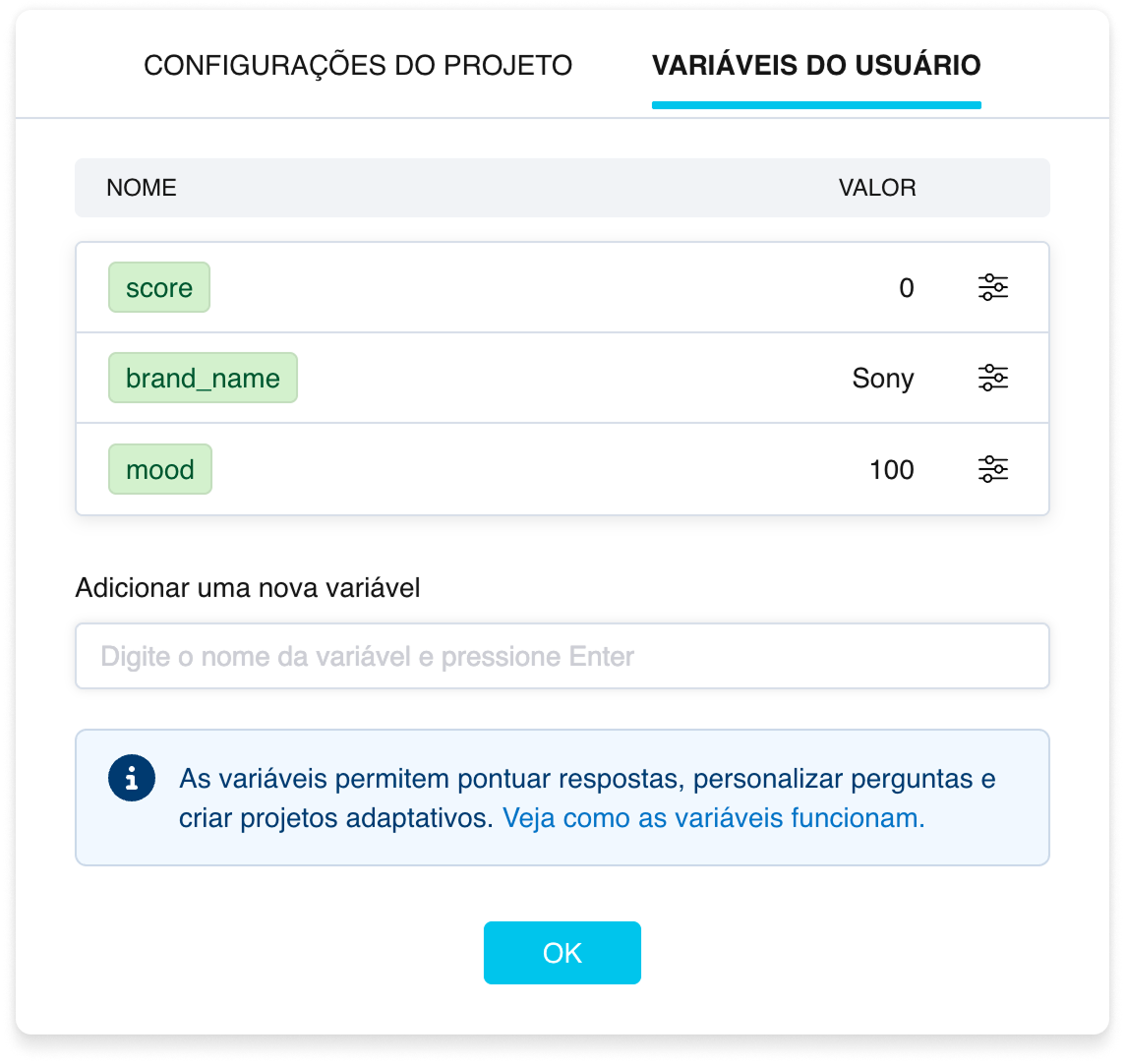 A aba Variáveis do usuário nas configurações da pesquisa: uma lista de variáveis com selos verdes e os seus valores