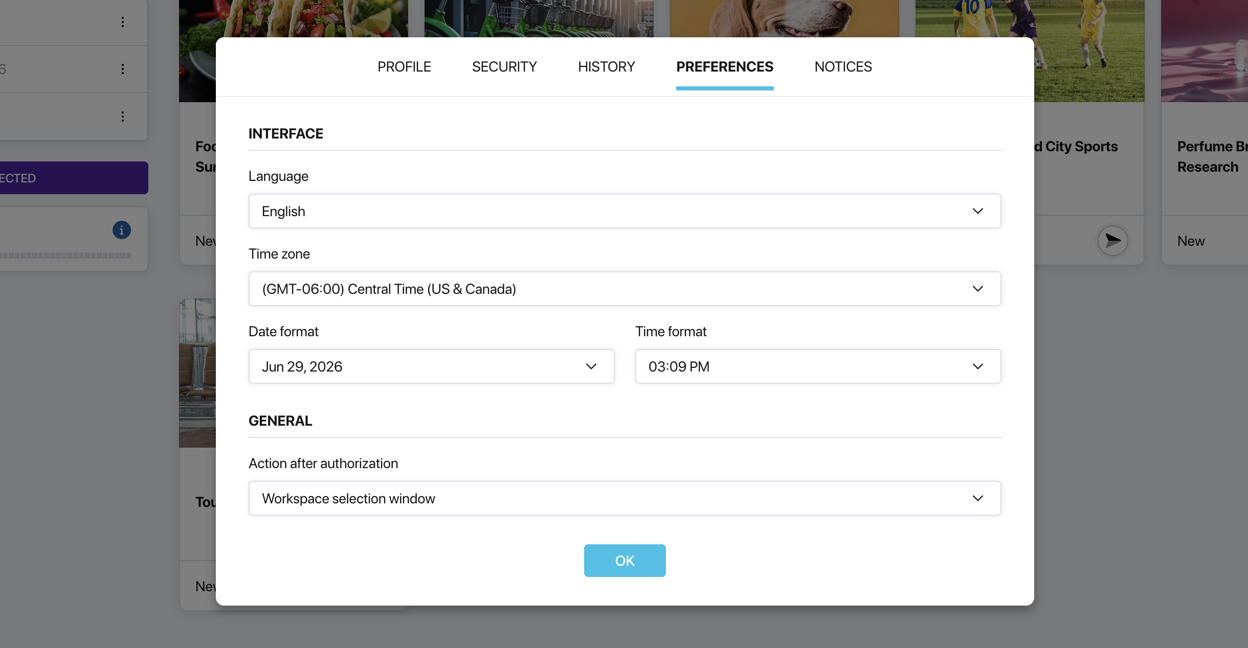Preferences tab in Pollsar profile settings with General and Interface blocks