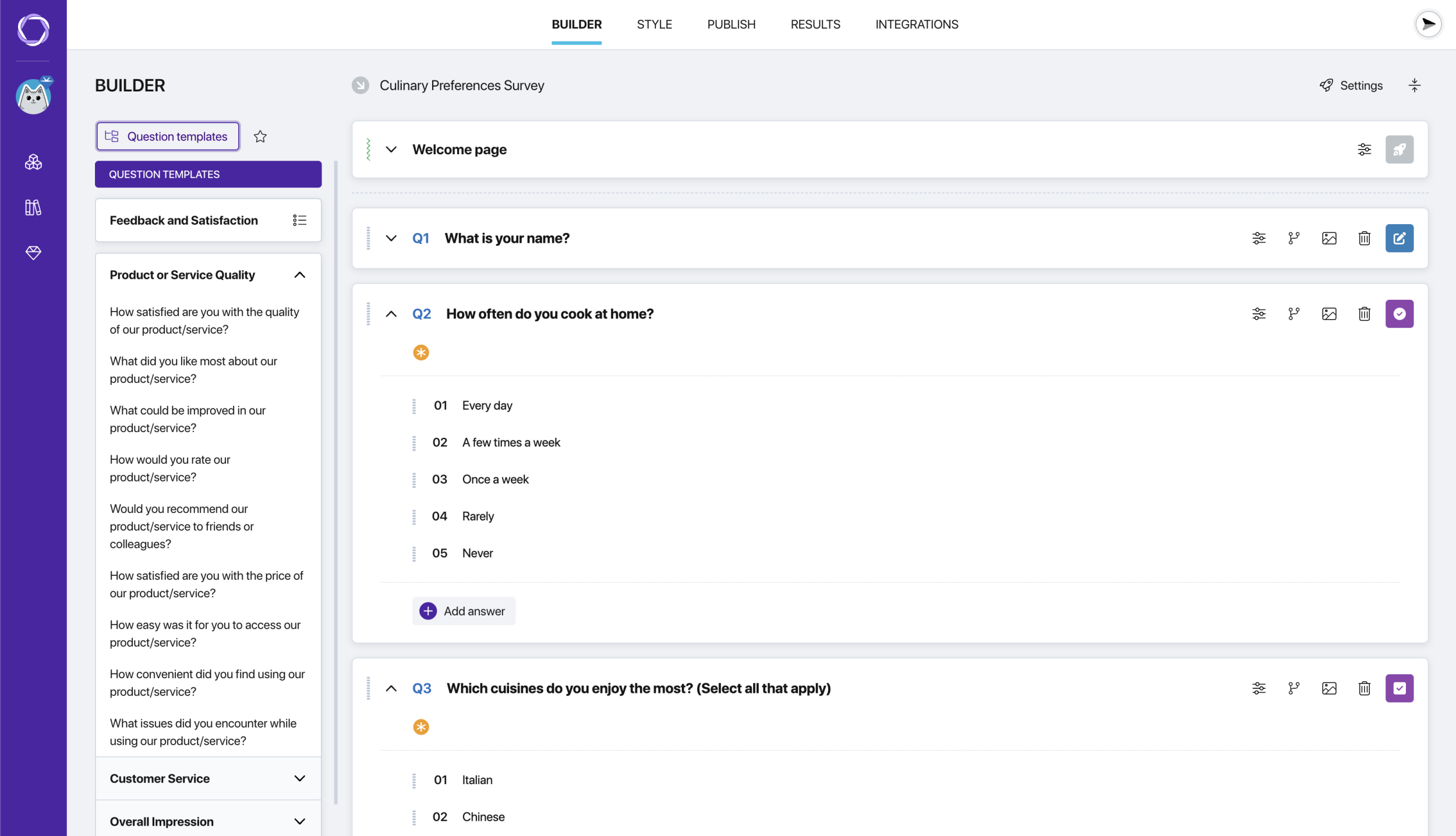 Pollsar survey builder interface with various question types