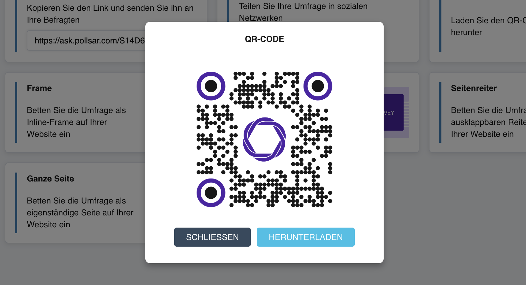 Das QR-Code-Fenster: ein großer gebrandeter QR-Code mit einer Download-Schaltfläche