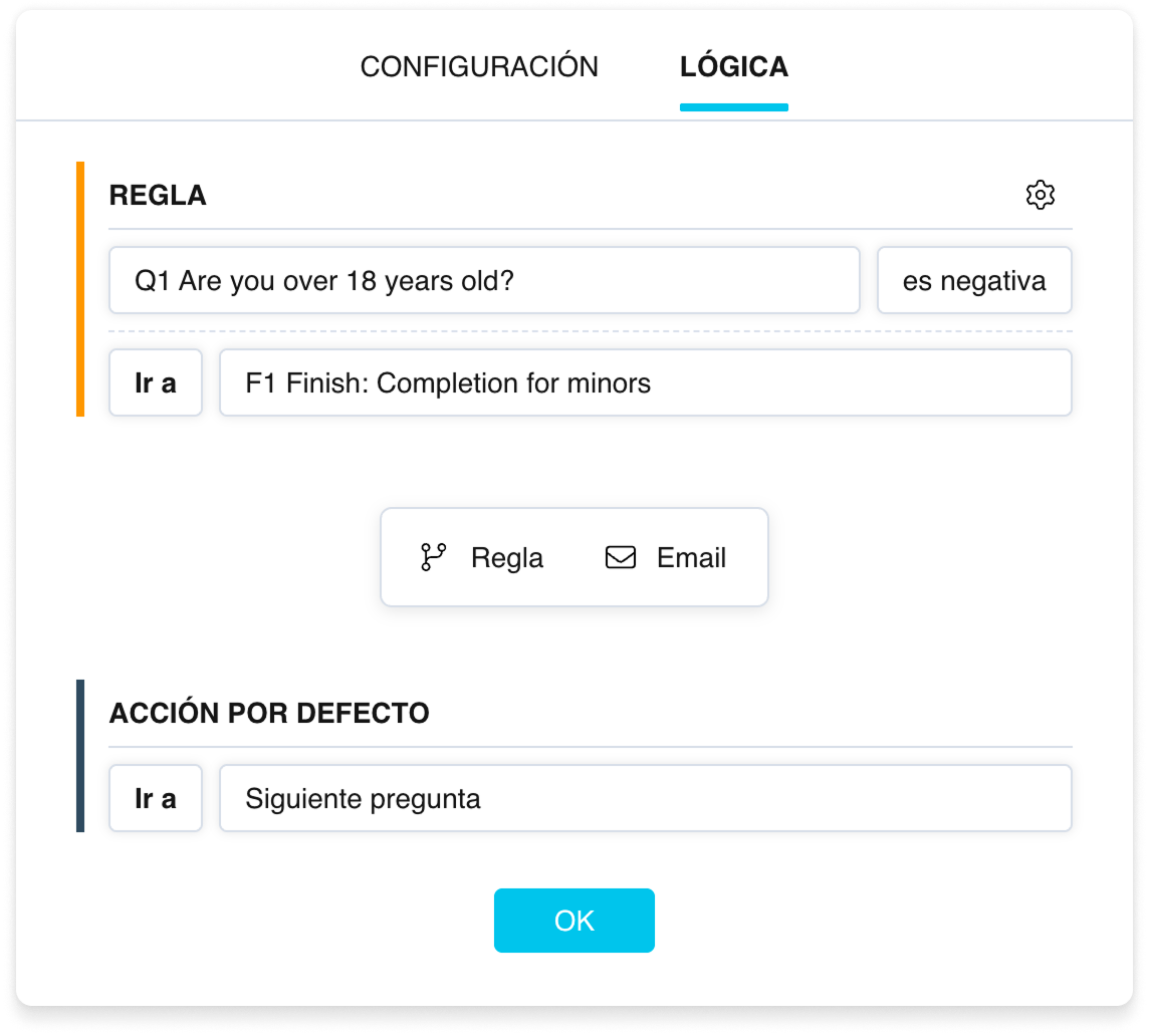 Un ejemplo de escenario lógico: una «Regla» con una condición y un salto a una Finish page, y una Acción por defecto que va a la siguiente pregunta