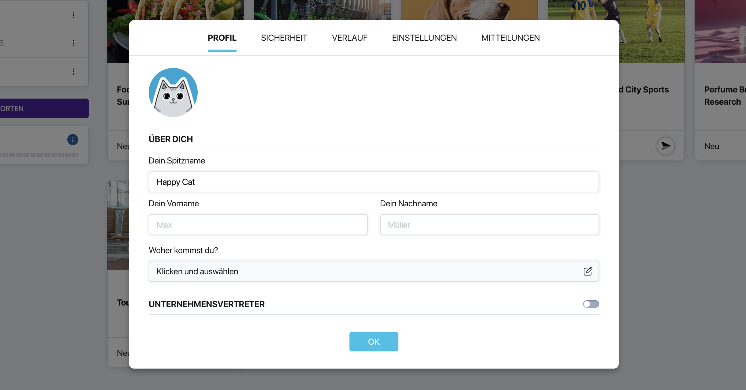 Pollsar-Tab «Profil» mit Feldern für Spitzname, Name und Avatar