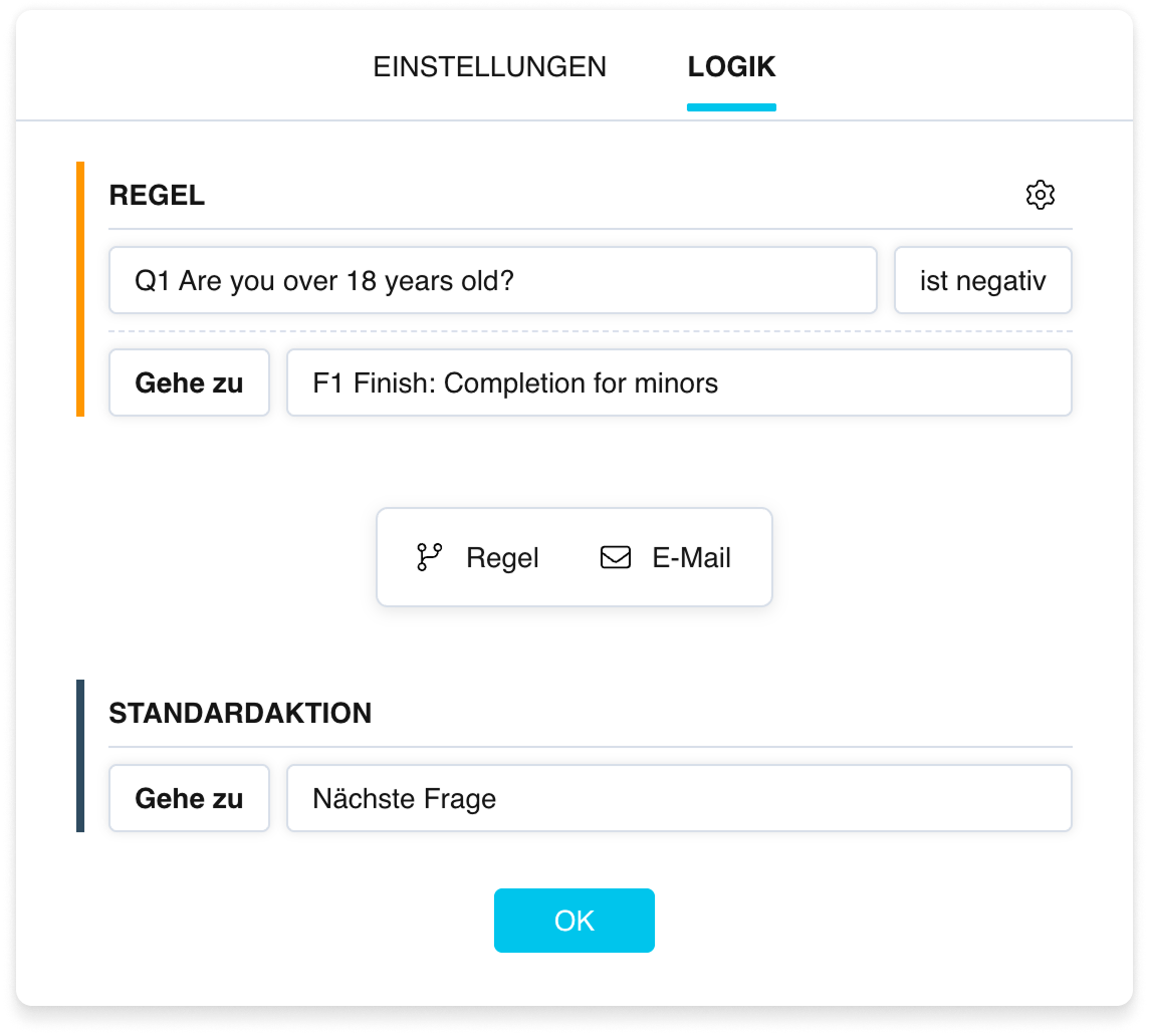 Ein Beispiel für ein Logikszenario: eine „Regel“ mit einer Bedingung und einem Sprung zu einer Finish page sowie eine Standardaktion, die zur nächsten Frage führt
