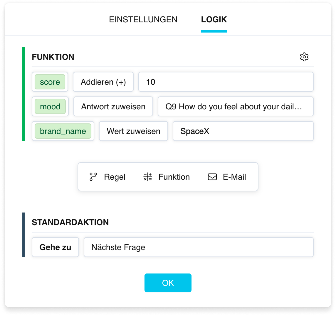 Ein „Funktion“-Block: Ausdrücke mit grünen Variablen-Badges und einer grünen Linie links