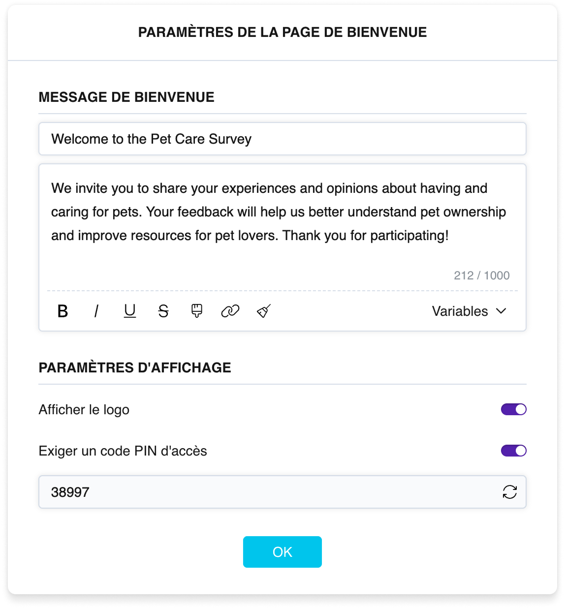 Les paramètres de la page d'accueil : champs de titre et de texte avec une barre de mise en forme, et interrupteurs pour le logo et le code PIN