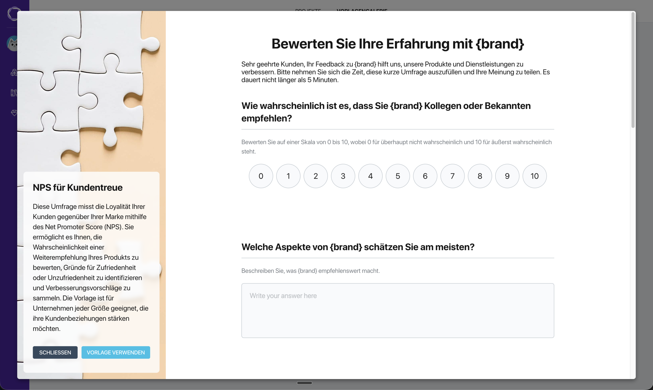Pollsar-Vorlagenvorschaufenster — Beschreibung links, interaktive Umfragevorschau rechts
