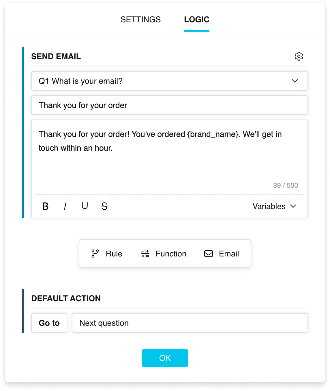 The “Email” block: recipient, subject, and body fields, with a blue line on the left