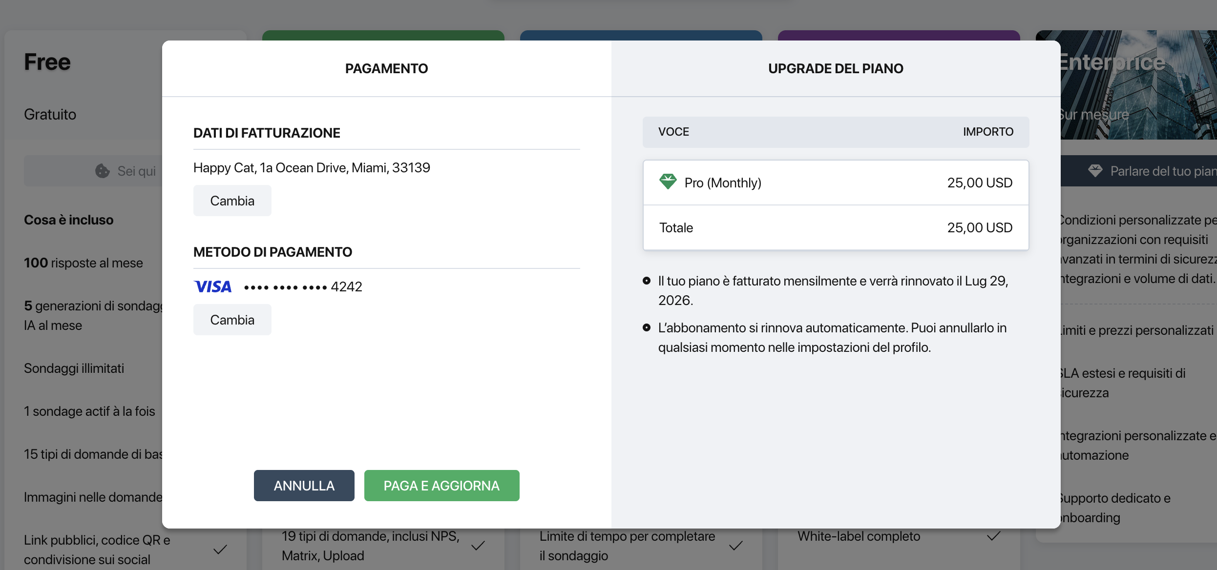 Finestra di pagamento Pollsar — sezione pagamento con dati di fatturazione e metodo di pagamento a sinistra, tabella upgrade del piano a destra, pulsanti Annulla e Paga e aggiorna in basso