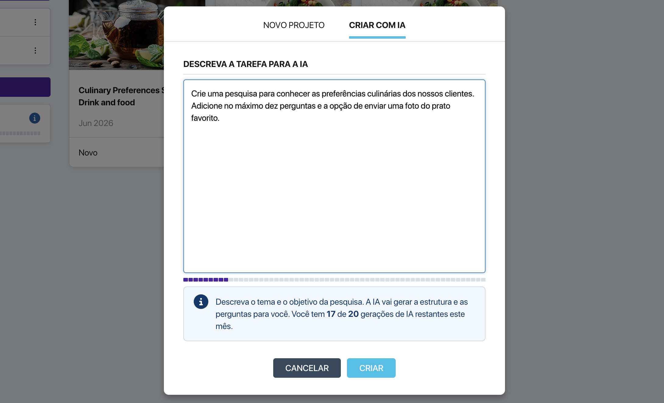 Janela de criação de pesquisa com o assistente de IA no Pollsar