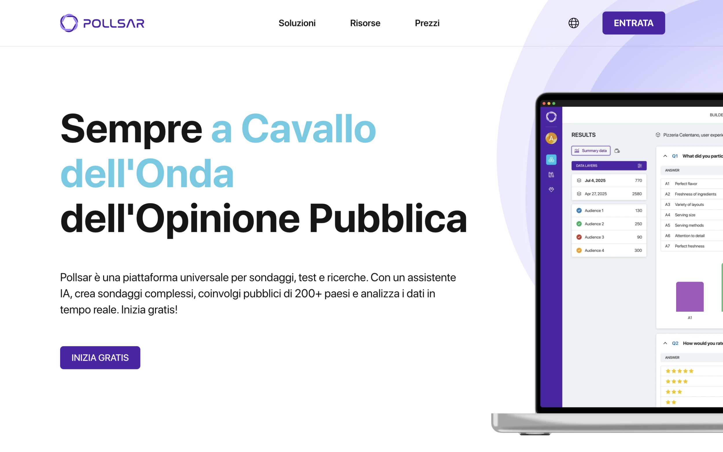Pagina principale della piattaforma Pollsar con il pulsante di registrazione