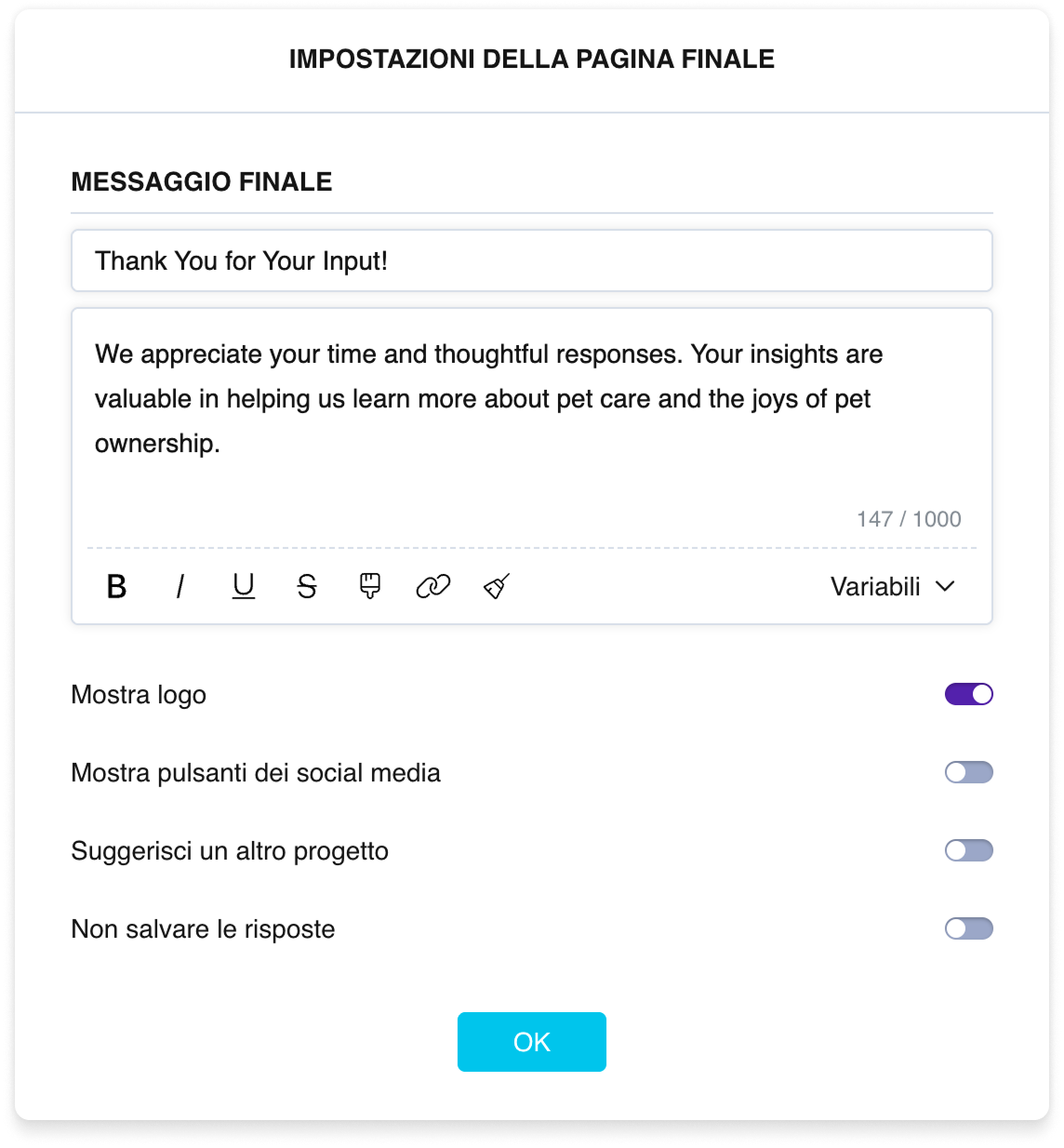 Le impostazioni della pagina finale: campi di titolo e testo e interruttori per il logo, i social network, un link a un altro sondaggio e l'opzione «Non registrare le risposte»