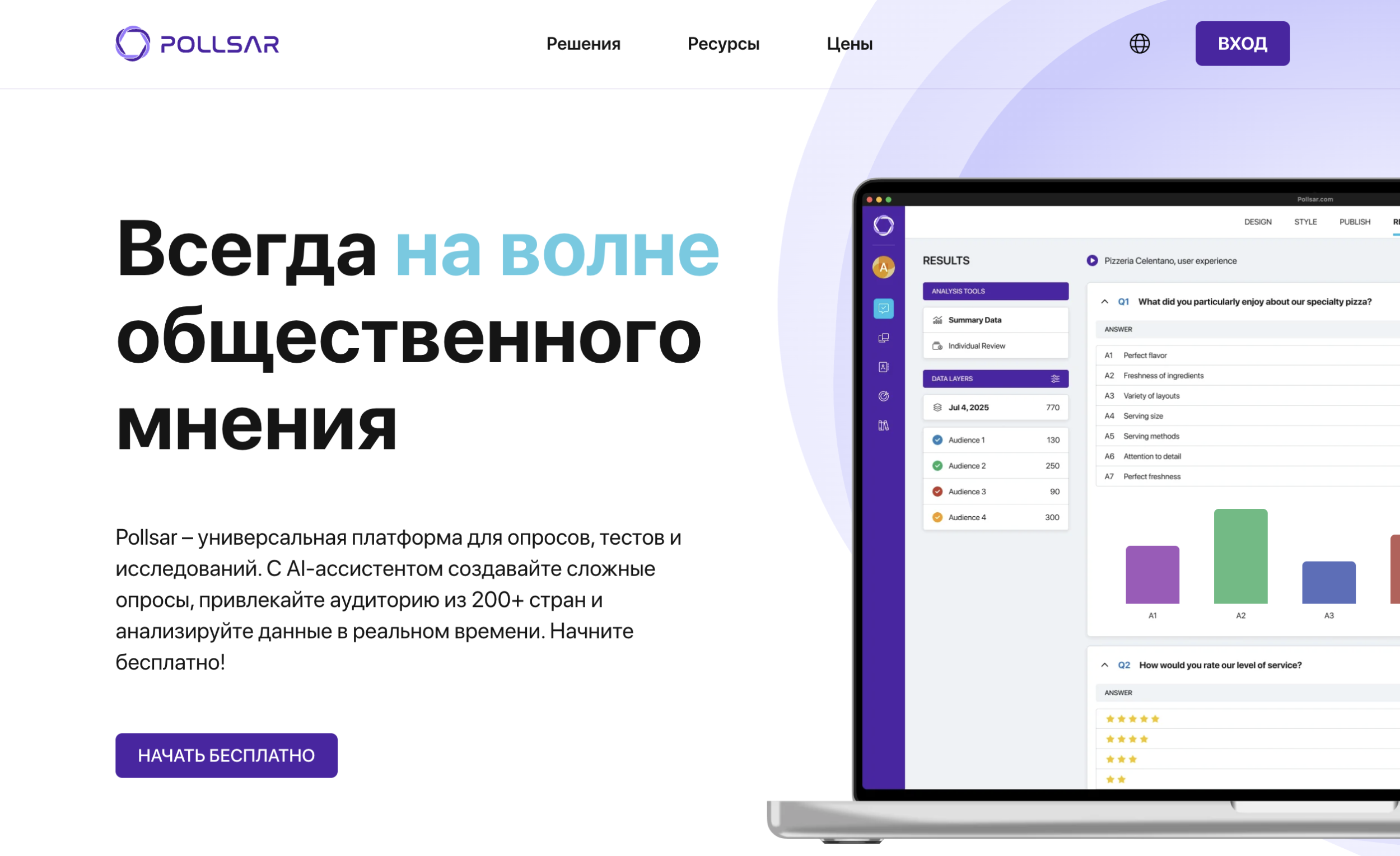 Главная страница платформы Pollsar с кнопкой регистрации