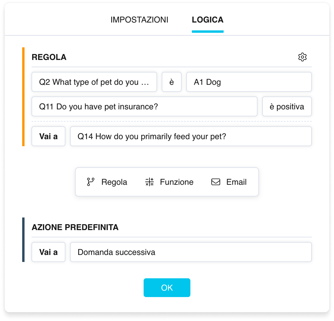 Un blocco «Regola»: righe di condizioni e una riga di azione, con una linea arancione a sinistra