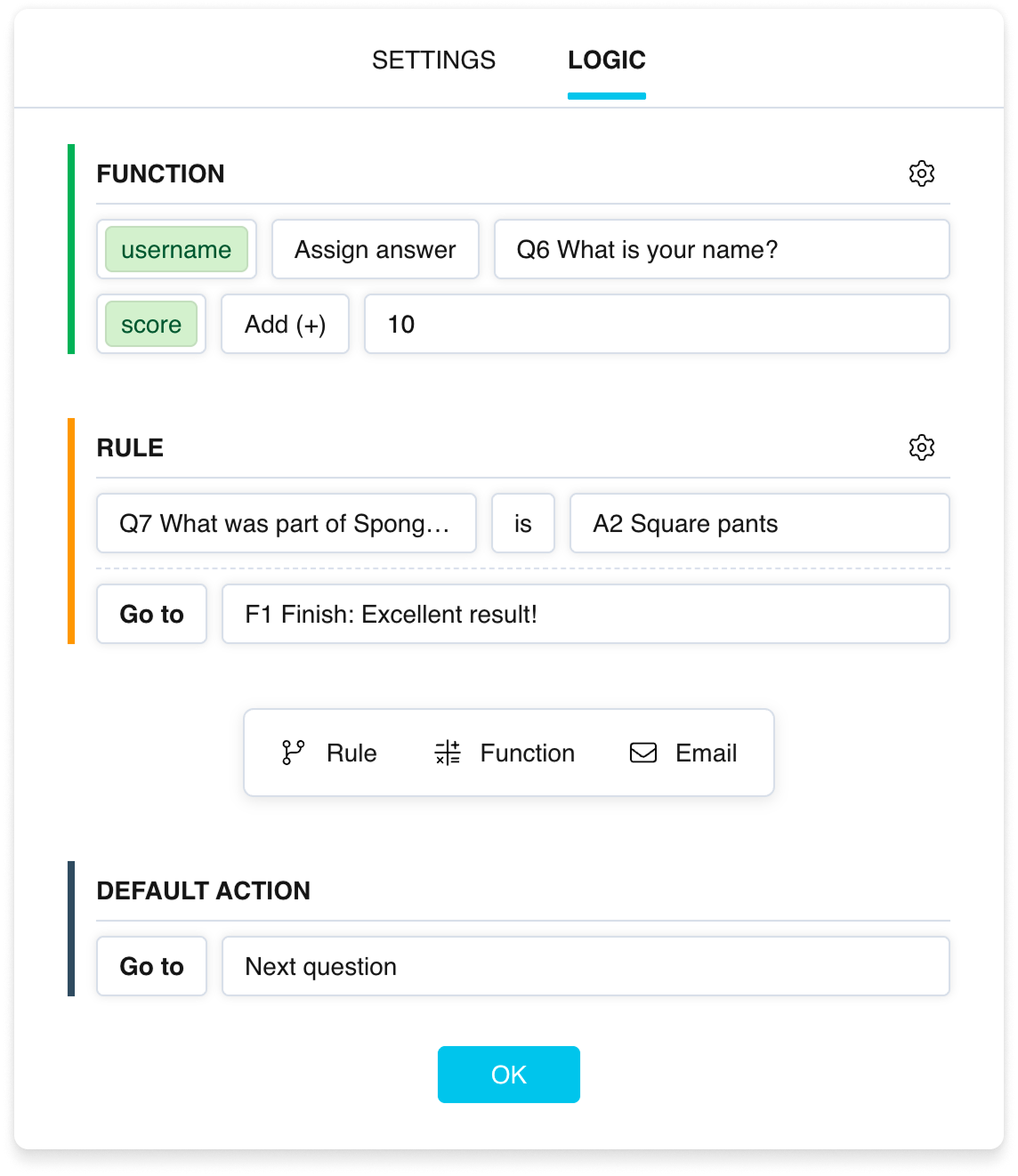 The Logic tab in a question's settings: “Rule”, “Function”, and Default action blocks