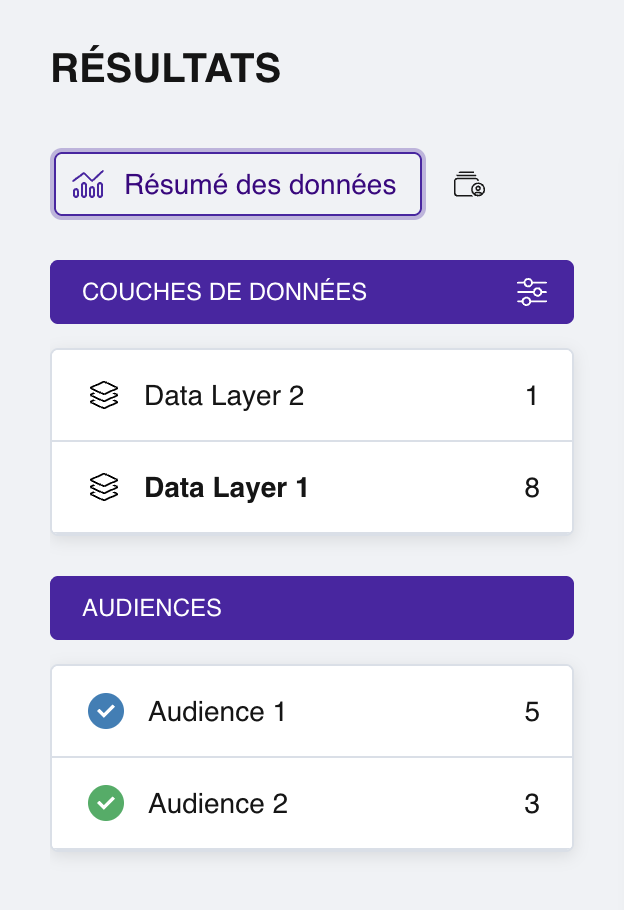 Le panneau de gauche de la section Résultats affichant une liste d'audiences avec des cases à cocher, des étiquettes colorées et des compteurs de réponses