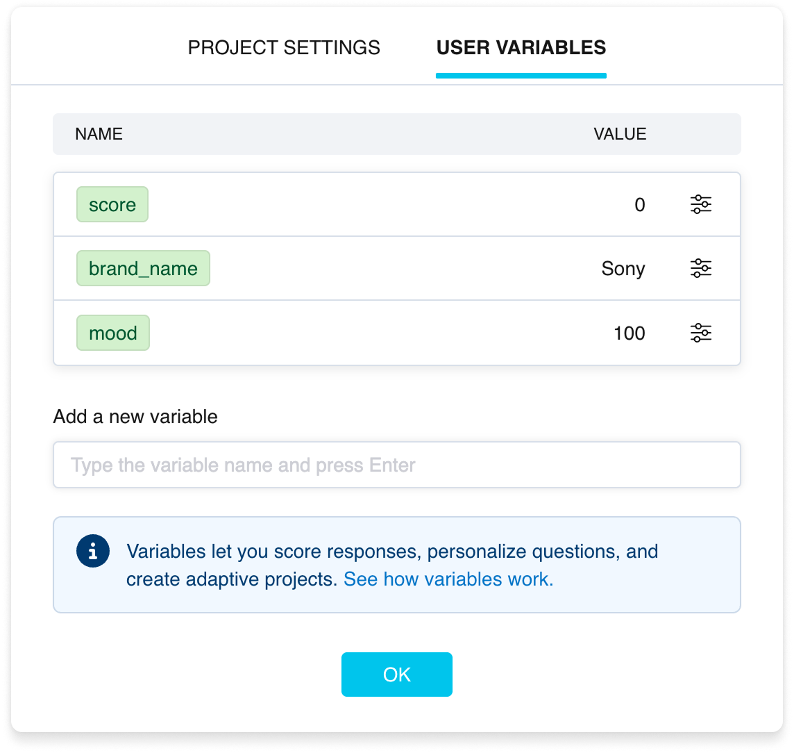 The User variables tab in the survey settings: a list of variables with green badges and their values