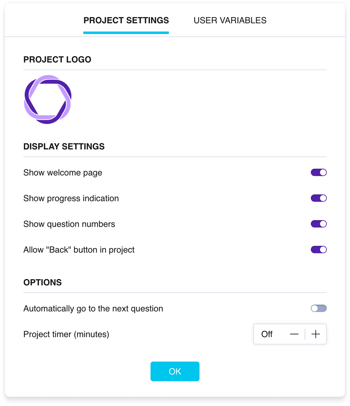 The survey settings window, the Survey settings tab, with toggles for display options