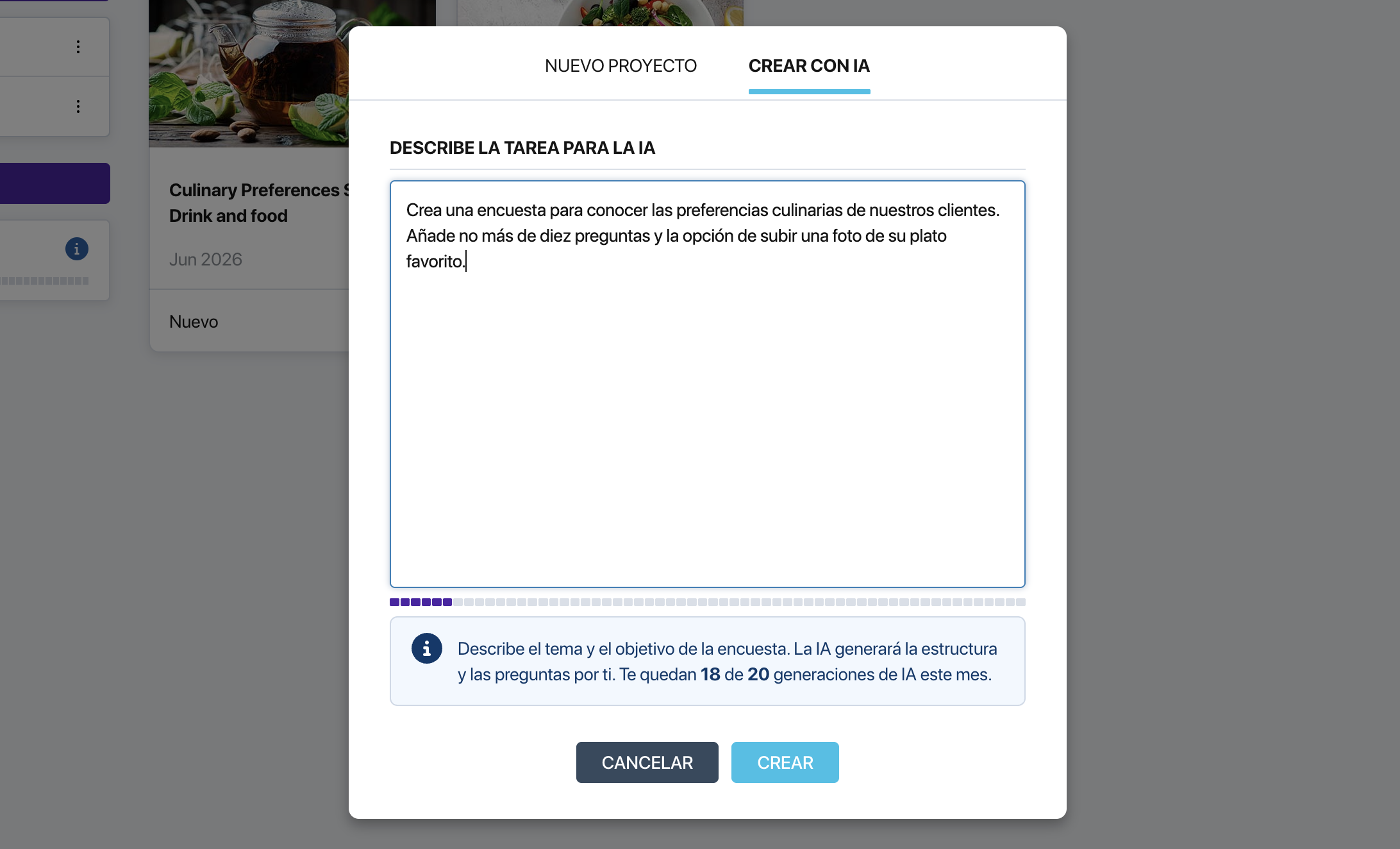 Ventana de creación de encuesta con el asistente de IA en Pollsar