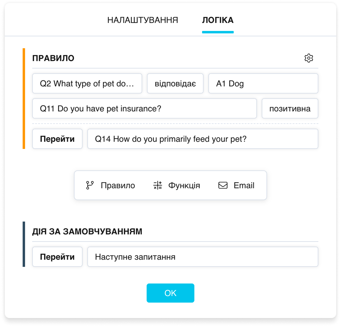 Блок «Правило»: рядки умов і рядок дії, помаранчева лінія ліворуч