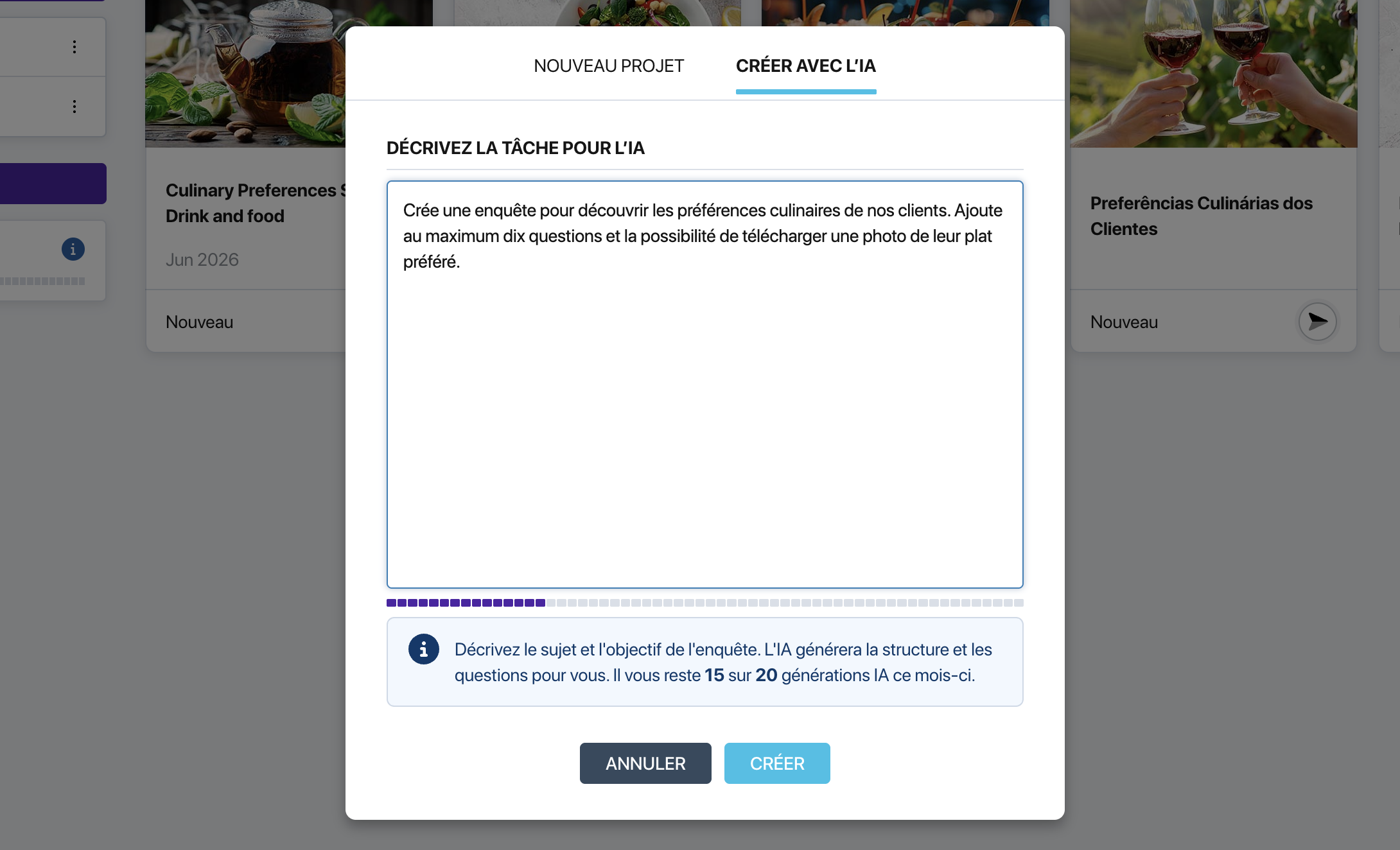 Fenêtre de création de sondage avec l'assistant IA dans Pollsar